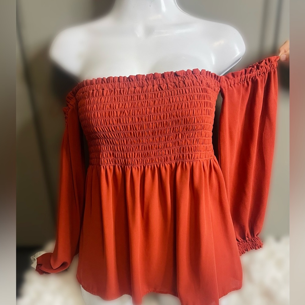 Express Rust Off-Shoulder Smocked Blouse